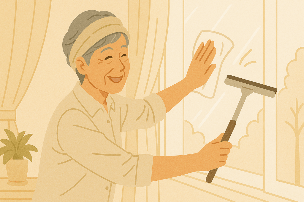 窓を拭くシニア